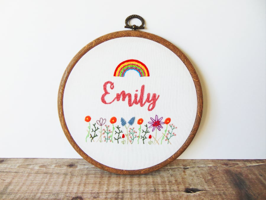 Personalised Rainbow Kids Name Wall Art - Custom Hand Embroidered Hoop