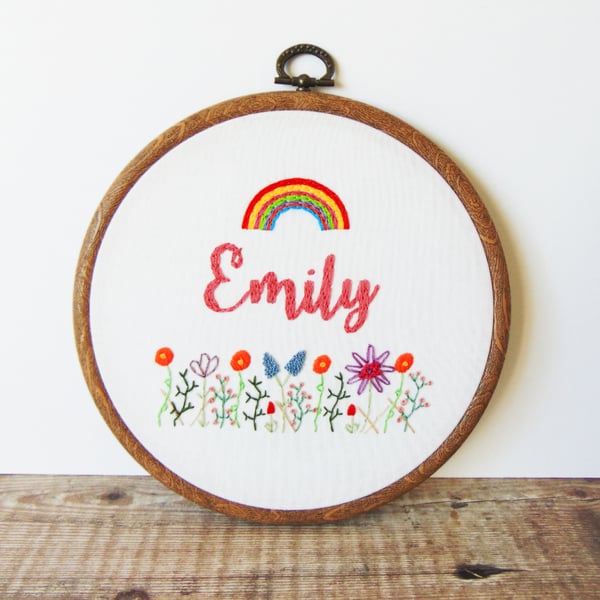 Personalised Rainbow Kids Name Wall Art - Custom Hand Embroidered Hoop