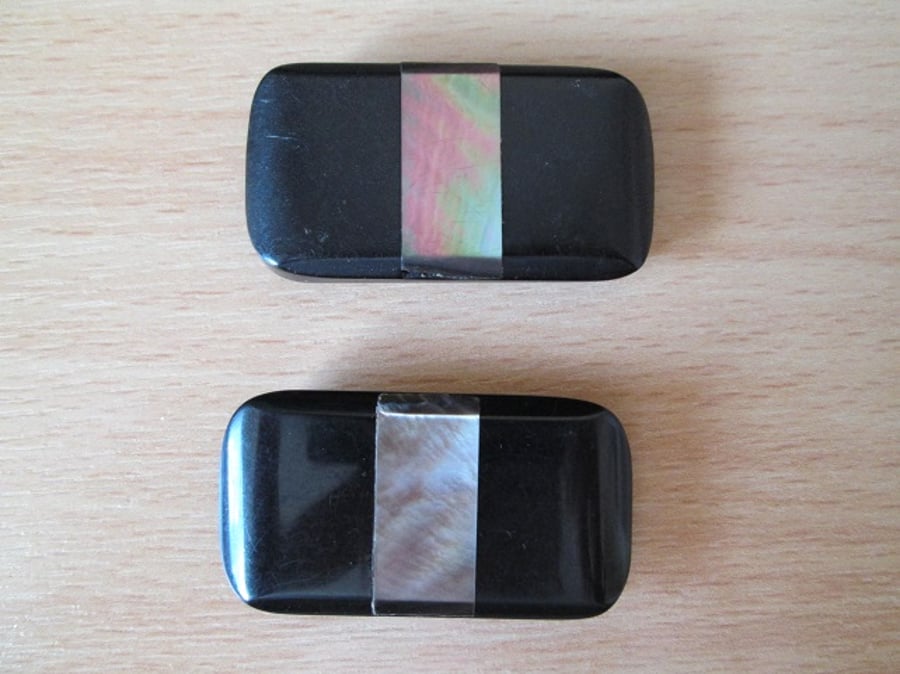 SOLD - Pair of Black Rectangular Vintage Button Inlaid with Mother of Pearl