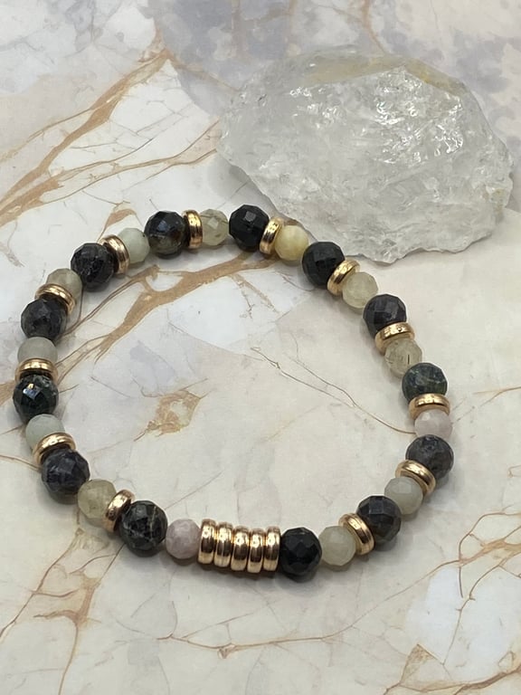 Black and milky quartz stretchy bracelet with rose gold plated spacers 