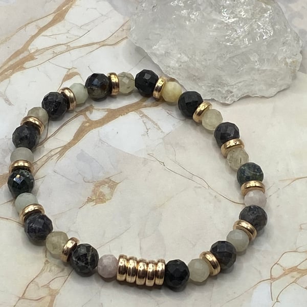 Black and milky quartz stretchy bracelet with rose gold plated spacers 