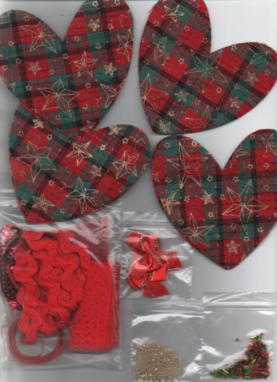 ChrisseCraft KIT for 4 hanging embellished CHRISTMAS HEARTS