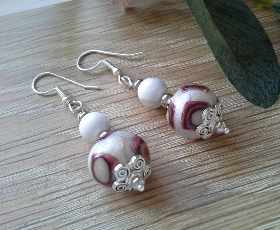 Hand Made Polymer Clay & Howelite  Tibetan Silver Earrings (HELP A CHARITY)