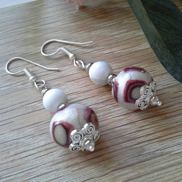 Sale Hand Made Polymer Clay & Howelite  Earrings Silver Plated