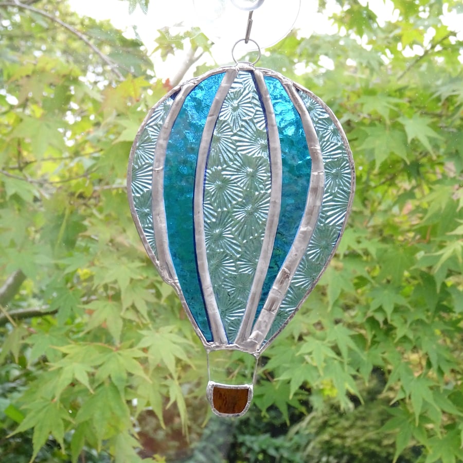 Stained Glass Hot Air Balloon Suncatcher - Handmade Decoration - Blue and Teal