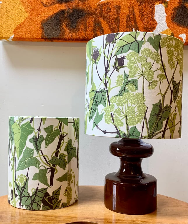 Green Wild flower Cow Parsley Ivy and Poppy Seed Head Vintage Fabric Lampshade