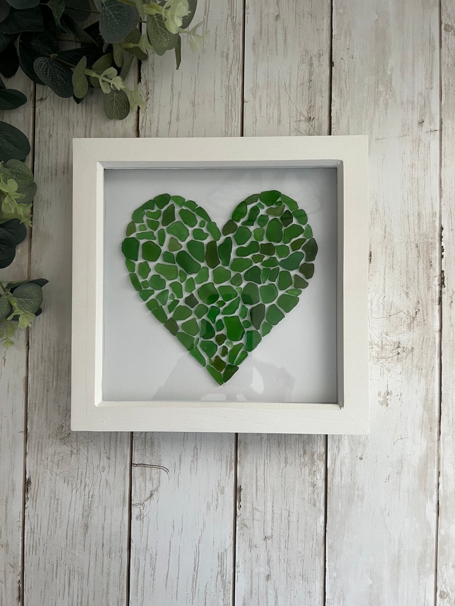 Sea Glass Wall Art: Large Heart, Green, White Shadow Box Frame - Coastal home 