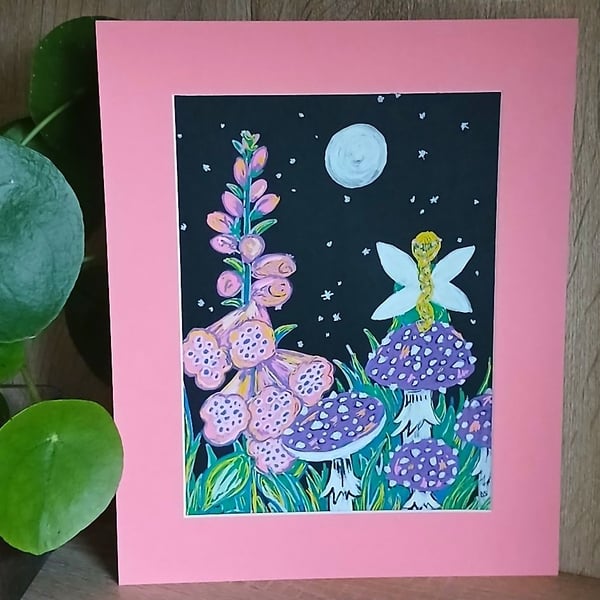 Fairy illustration, she sit's on purple mushroom's, in pink carboard mount.  
