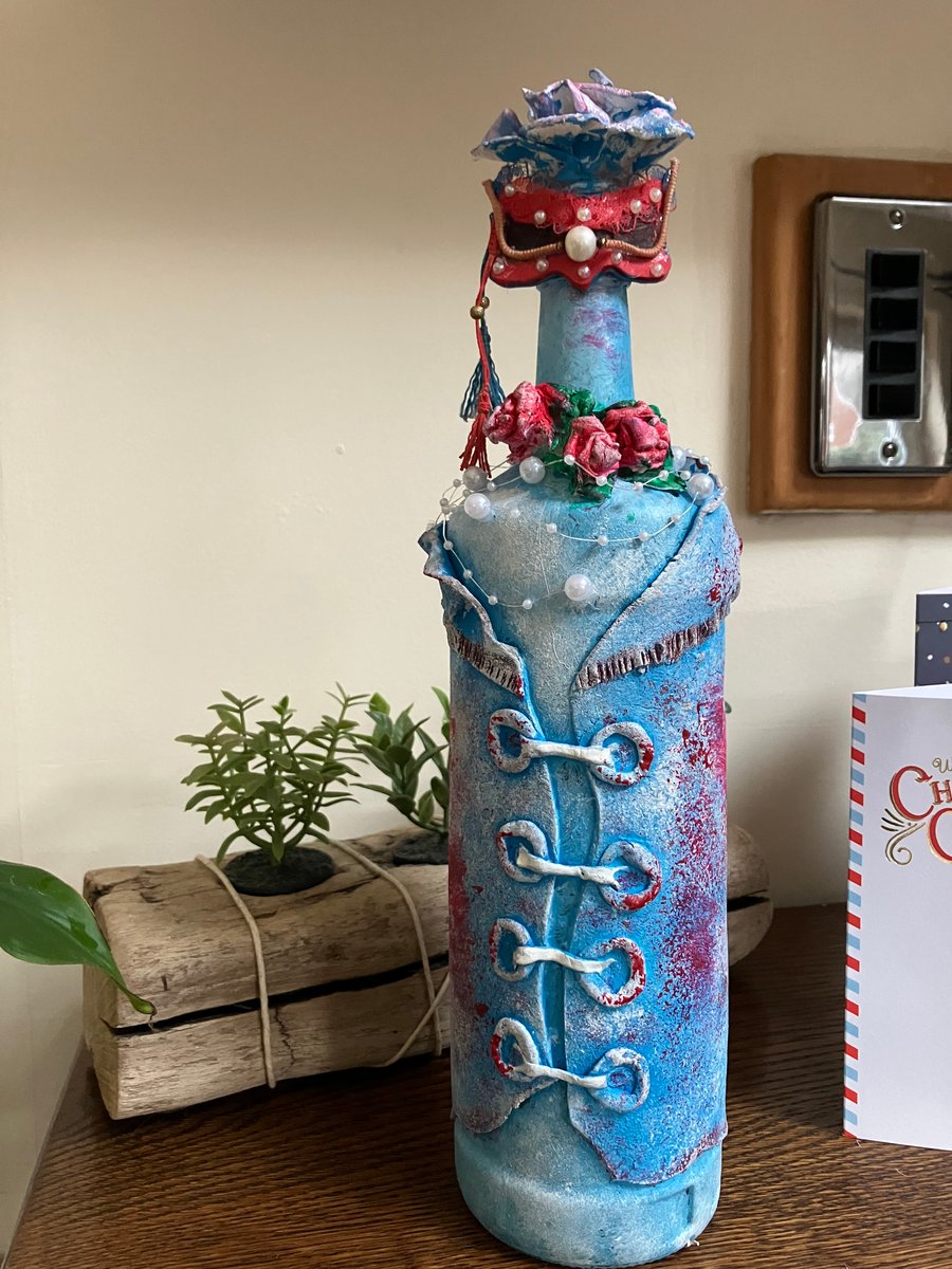 The Masquerade Lady Handcrafted Altered Bottle Art with Mixed Media Roses & Pea