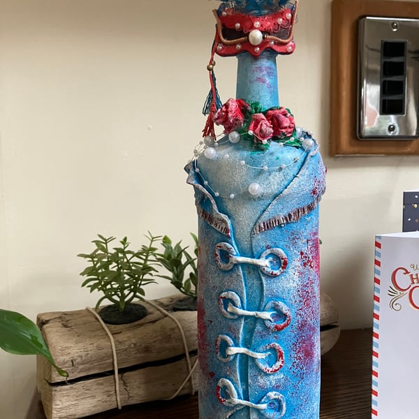 The Masquerade Lady Handcrafted Altered Bottle Art with Mixed Media Roses & Pea