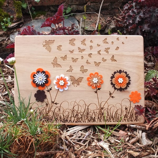 Laser Engraved Wooden Plaque - Butterflies and Flowers