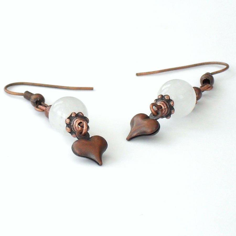 White jade and heart charm handmade copper earrings