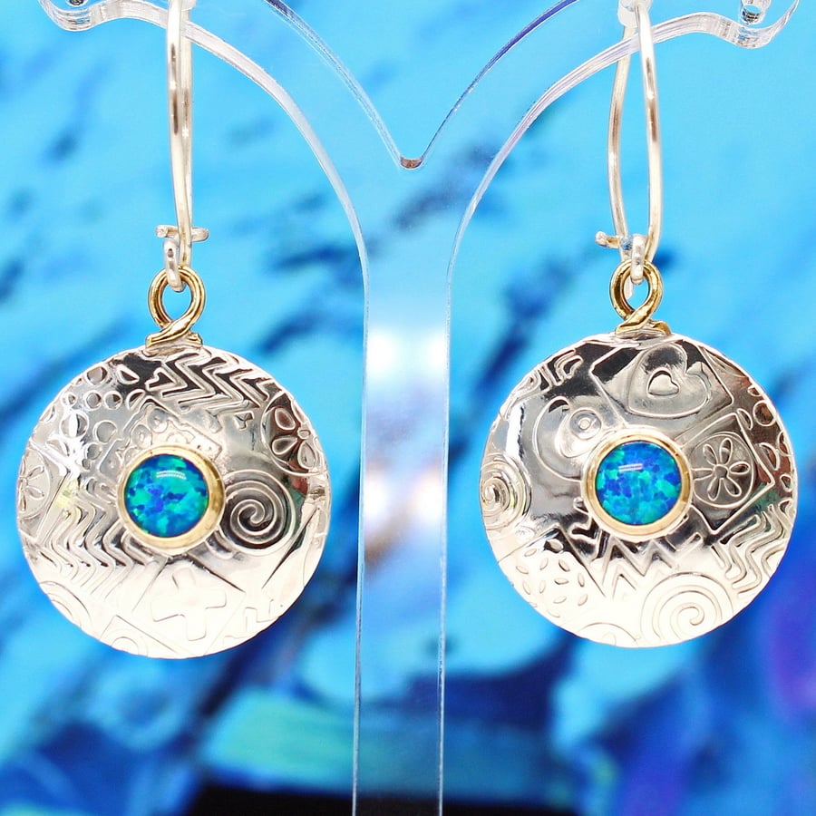 Handmade blue opal earrings, round sterling drop earrings, gemstone choice. L.