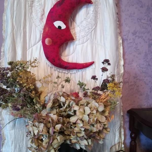 Primitive textile art  moon wall hanging, vintage style, home decor