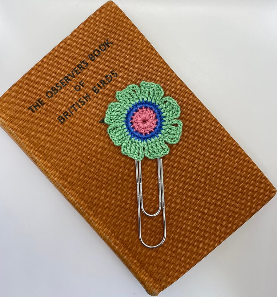 Flower paperclip bookmark in pink, blue & green