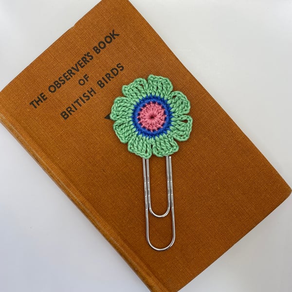 Flower paperclip bookmark in pink, blue & green