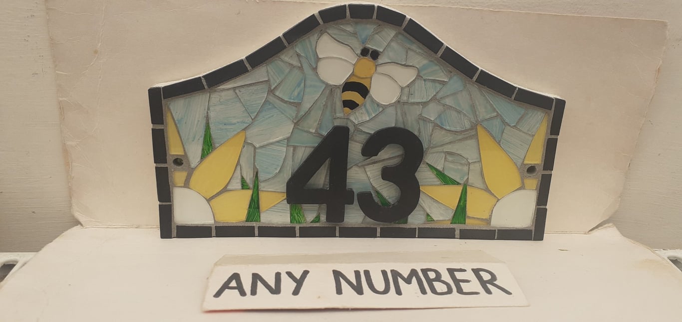 Bee Bumblebee Glass Mosaic House Number Plate Plaque Door Sign 