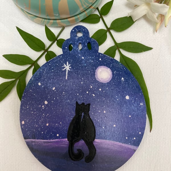 Cat Couple Sillhouette Moon & Stars Hand Painted Christmas Decoration Bauble