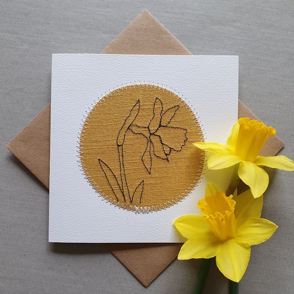 Handmade Embroidered Spring Daffodil card, Mother's Day card, Easter card