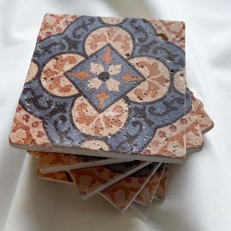 Moroccan Marble Tile Coasters Tumbled Stone Boho Home Decor Set of 4