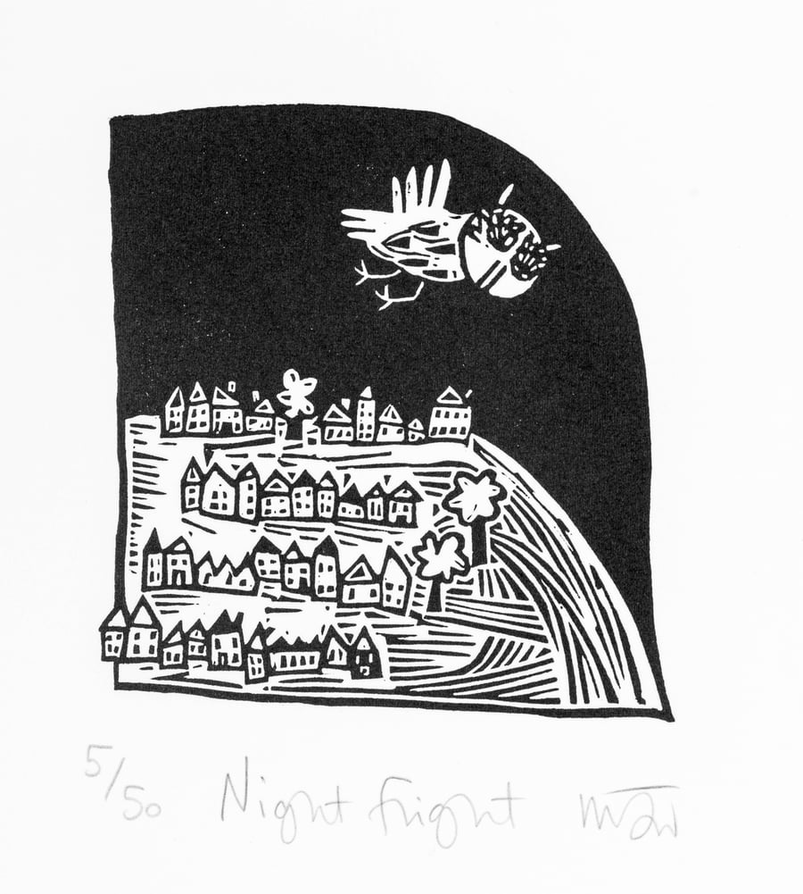 Lino Cut - Night Flight - Owl flying above a city in the night sky