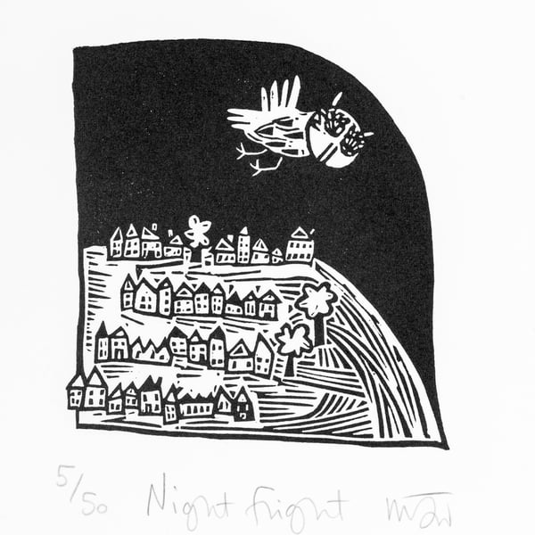 Lino Cut - Night Flight - Owl flying above a city in the night sky