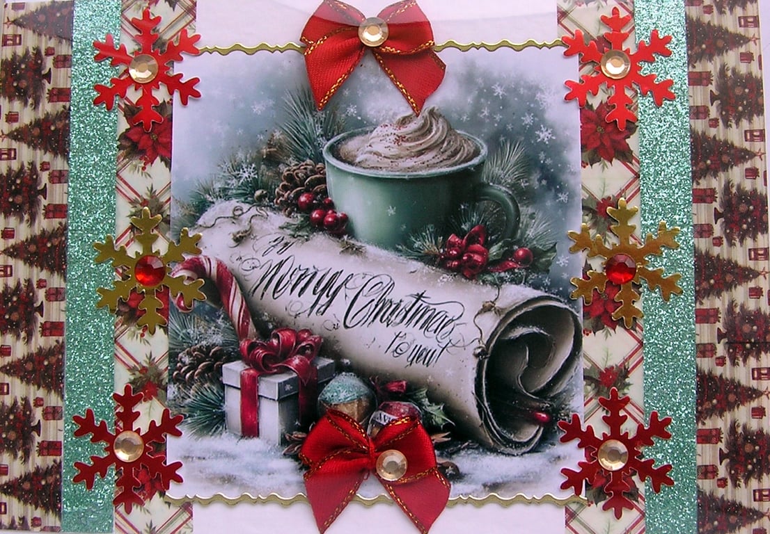 Hand Crafted Decoupage Chistmas Card - Merry Christmas (3350) Xmas Treat Fayre