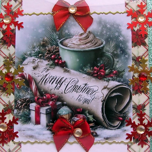 Hand Crafted Decoupage Chistmas Card - Merry Christmas (3350) Xmas Treat Fayre