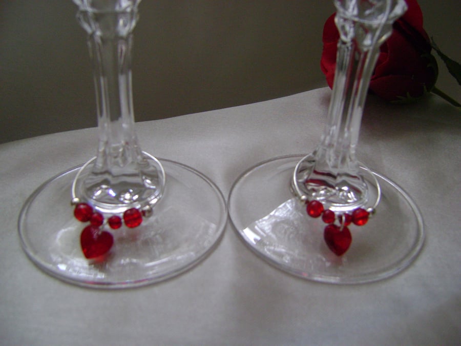 2 Red Crystal Hearts Wine Glass Decorations