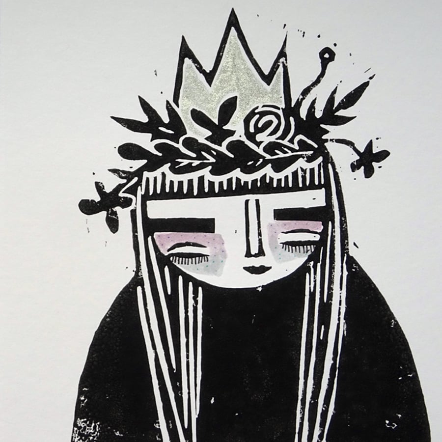'Floral Queen'- Lino Cut with hand embelishment
