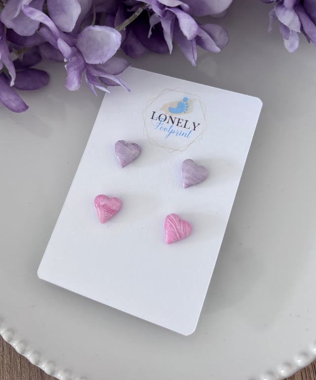 Lilac and Pink Heart Polymer Clay Studs - Lightweight 