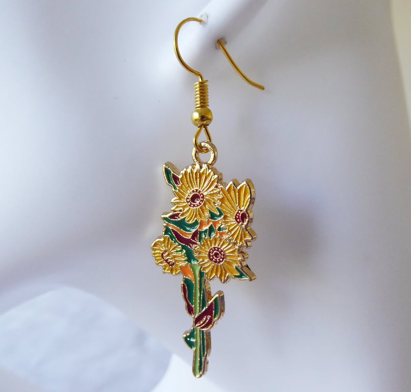 Bunch of Sunflowers Enamelled Earrings with Gold Plated Ear Wires