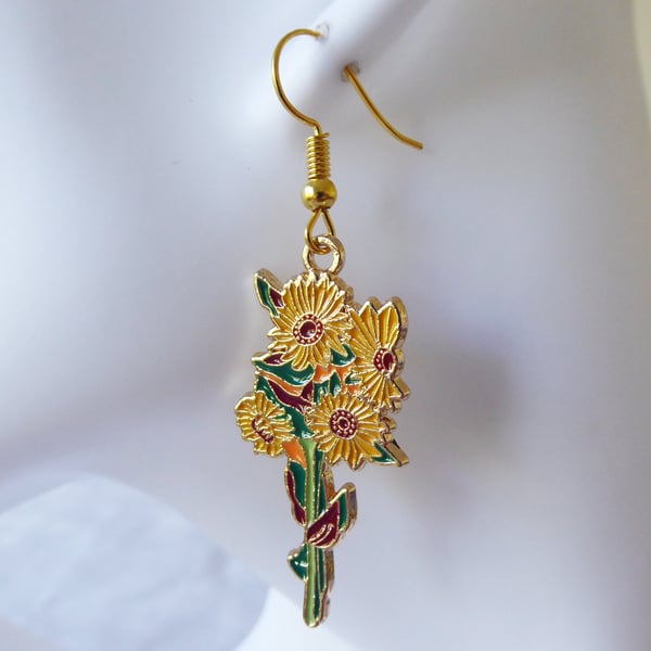 Bunch of Sunflowers Enamelled Earrings with Gold Plated Ear Wires