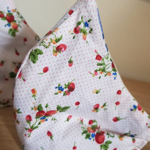 Ladies face mask two layers, white strawberry flowers  