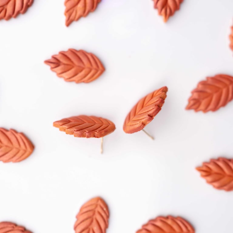 Orange Leaf Stud Earrings: Shimmery Polymer Clay, Handmade
