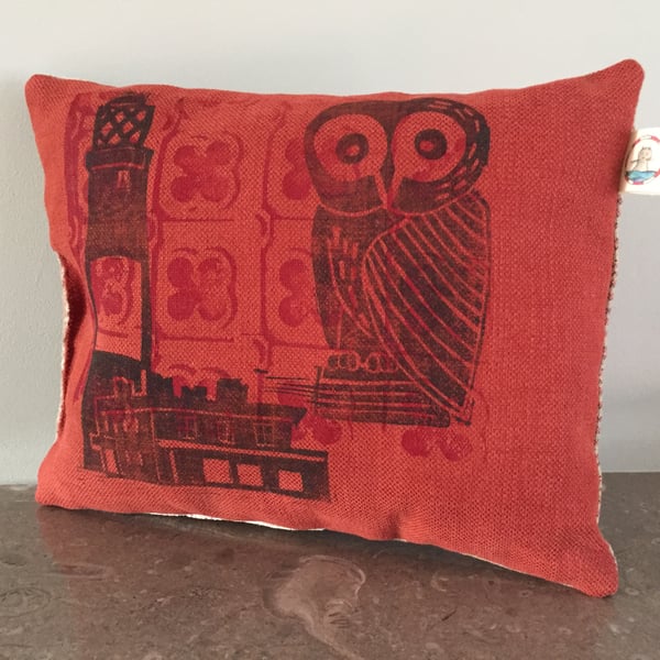  Autumn Russet Dream Sleep Pillow with Owl & Lighthouse lino print