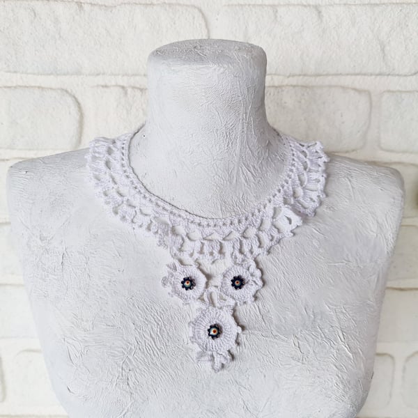White eye evil beads hand crochet necklace and brooch Wedding boho jewelry