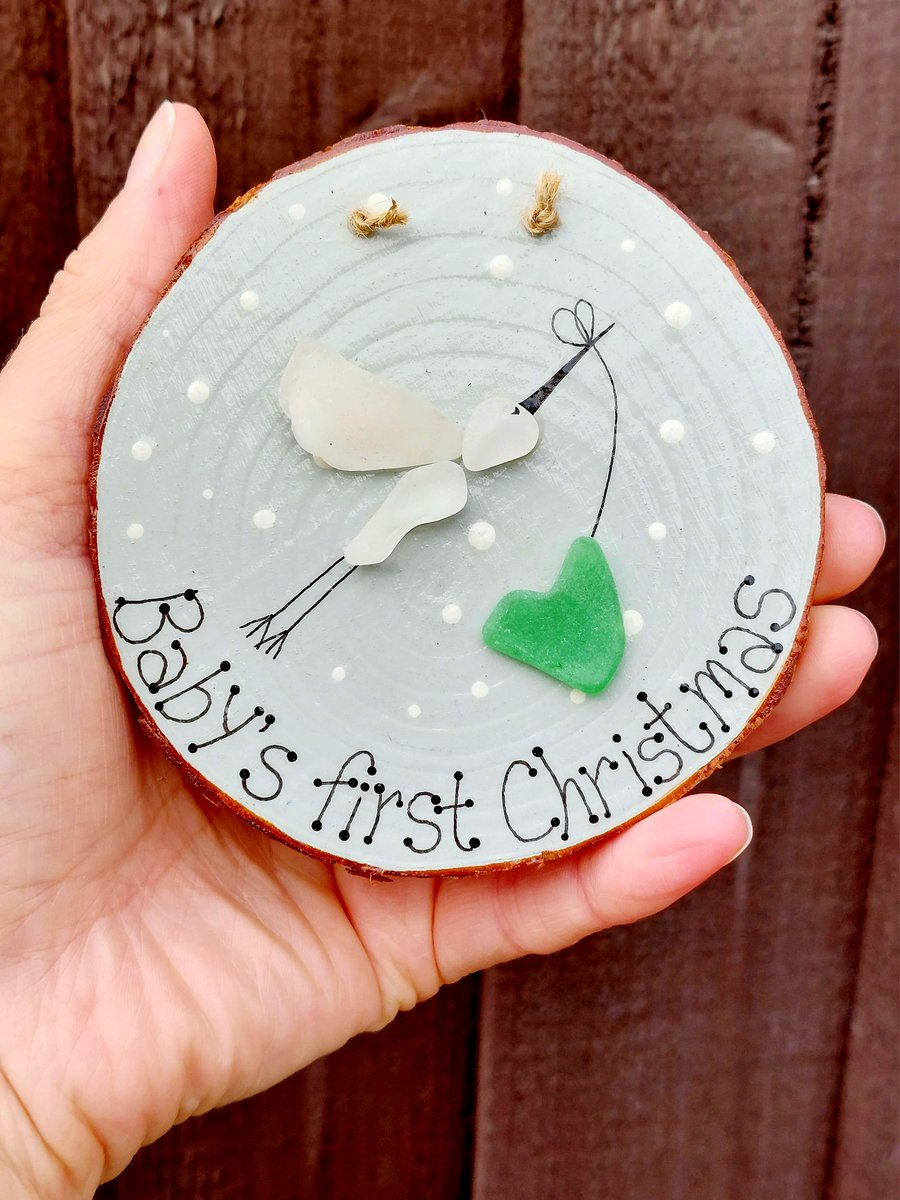 Sea Glass Hand Painted Wooden Baby's First Christmas Ornament