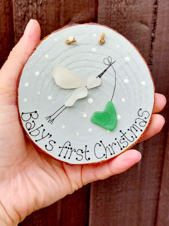 Sea Glass Hand Painted Wooden Baby's First Christmas Ornament