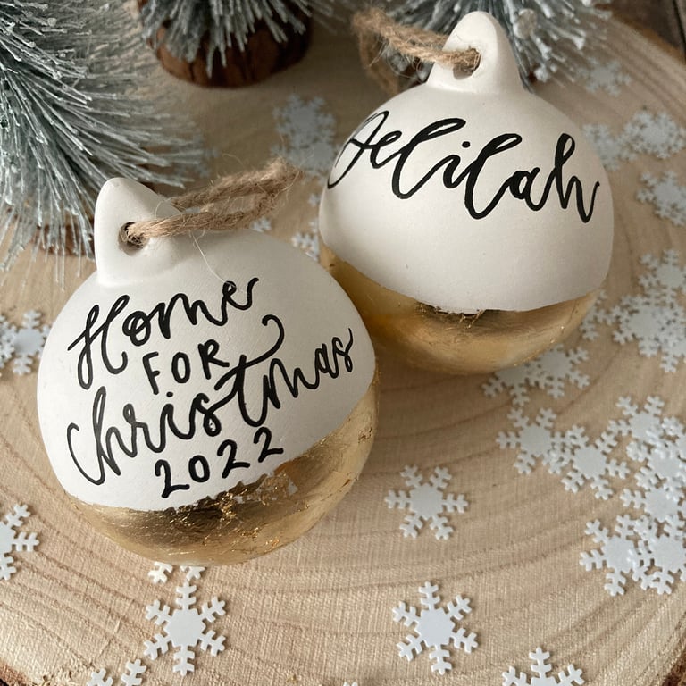 Personalised Christmas Bauble: Hand-Lettered Ceramic Ornament with Gold Leaf