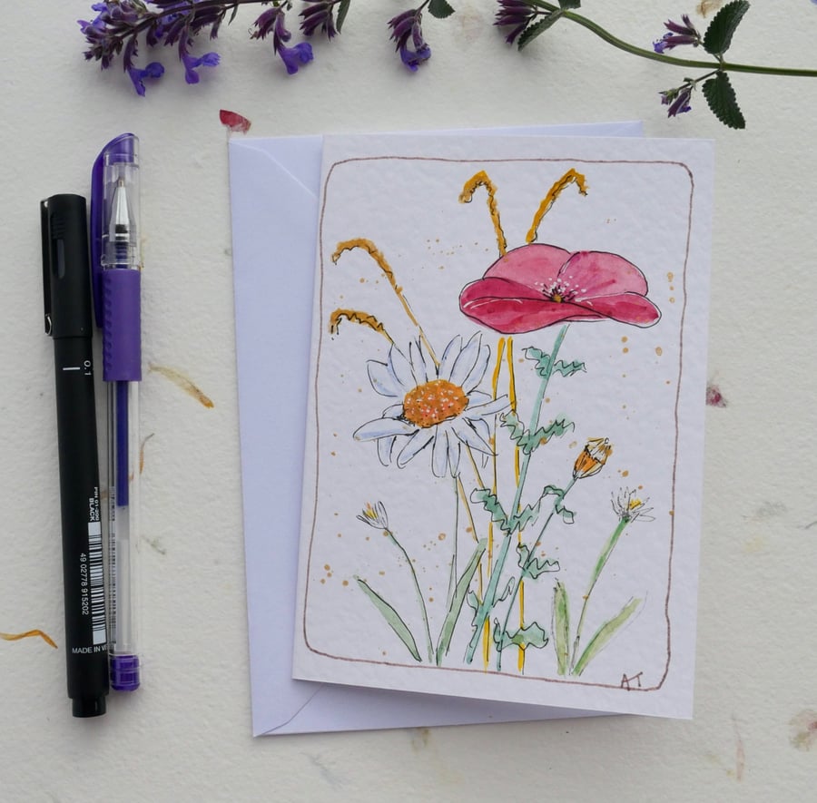 Hand Watercolour Painted Wildflower Greetings Card with Envelope - Blank inside