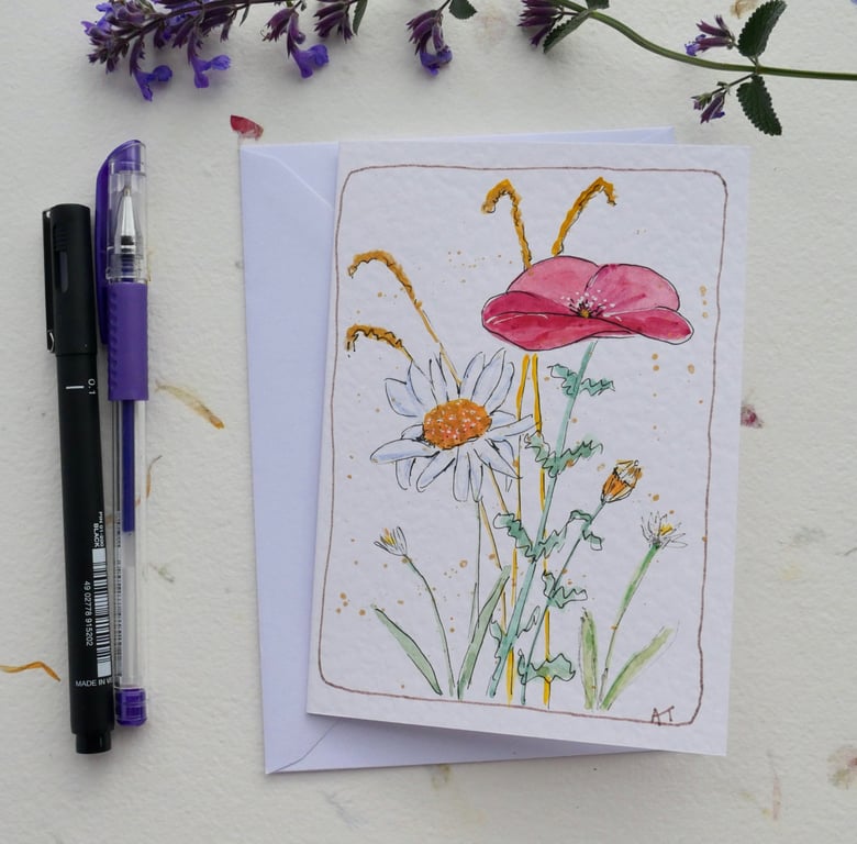 Hand Watercolour Painted Wildflower Greetings Card with Envelope - Blank inside