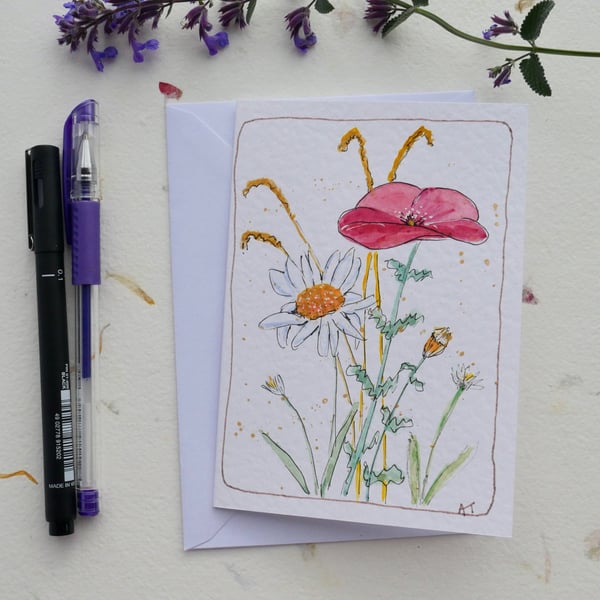Hand Watercolour Painted Wildflower Greetings Card with Envelope - Blank inside