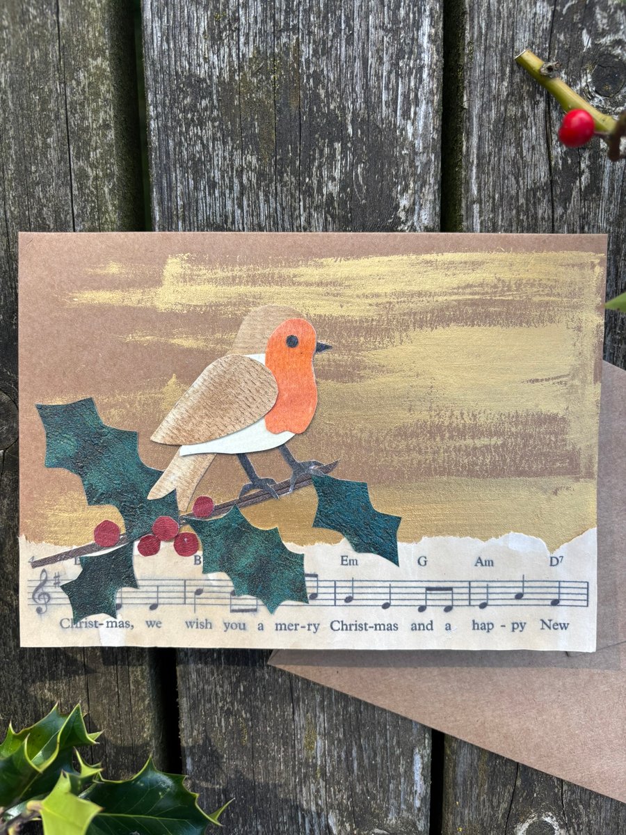 Robin Christmas card- hand cut paper collage