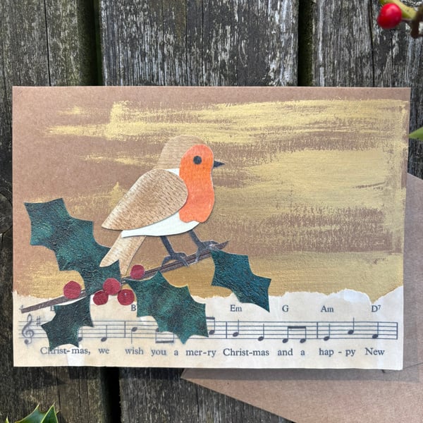 Robin Christmas card- hand cut paper collage