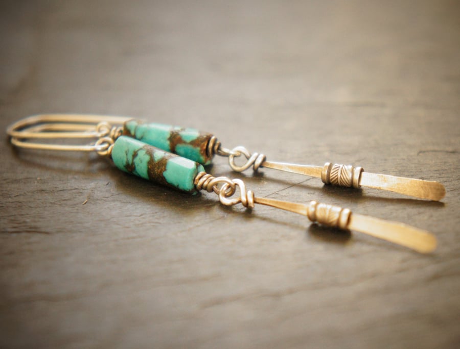 Tibetan Turquoise and Sterling Silver Feather Bead Earrings