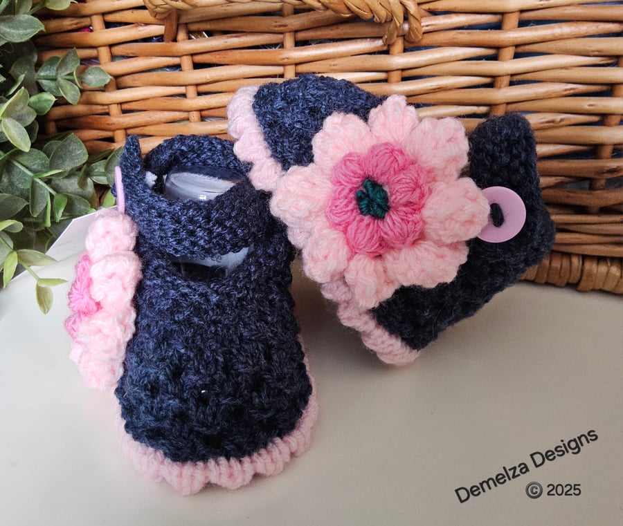 Designer Baby Girl's Navy Blue Lacey Flower Shoes  3-6 months size