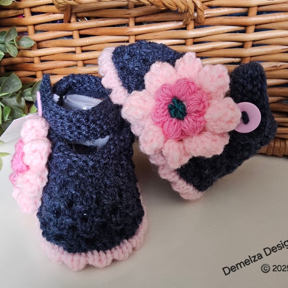 Designer Baby Girl's Navy Blue Lacey Flower Shoes  3-6 months size