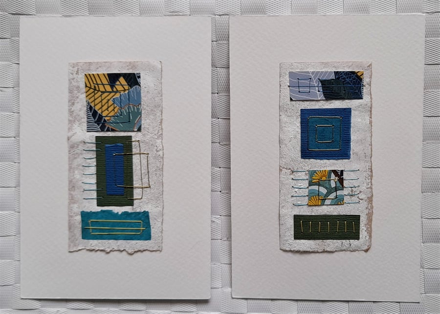 Pretty Patterned Blue Green Yellow Handstitched Geometric Small Art Pictures