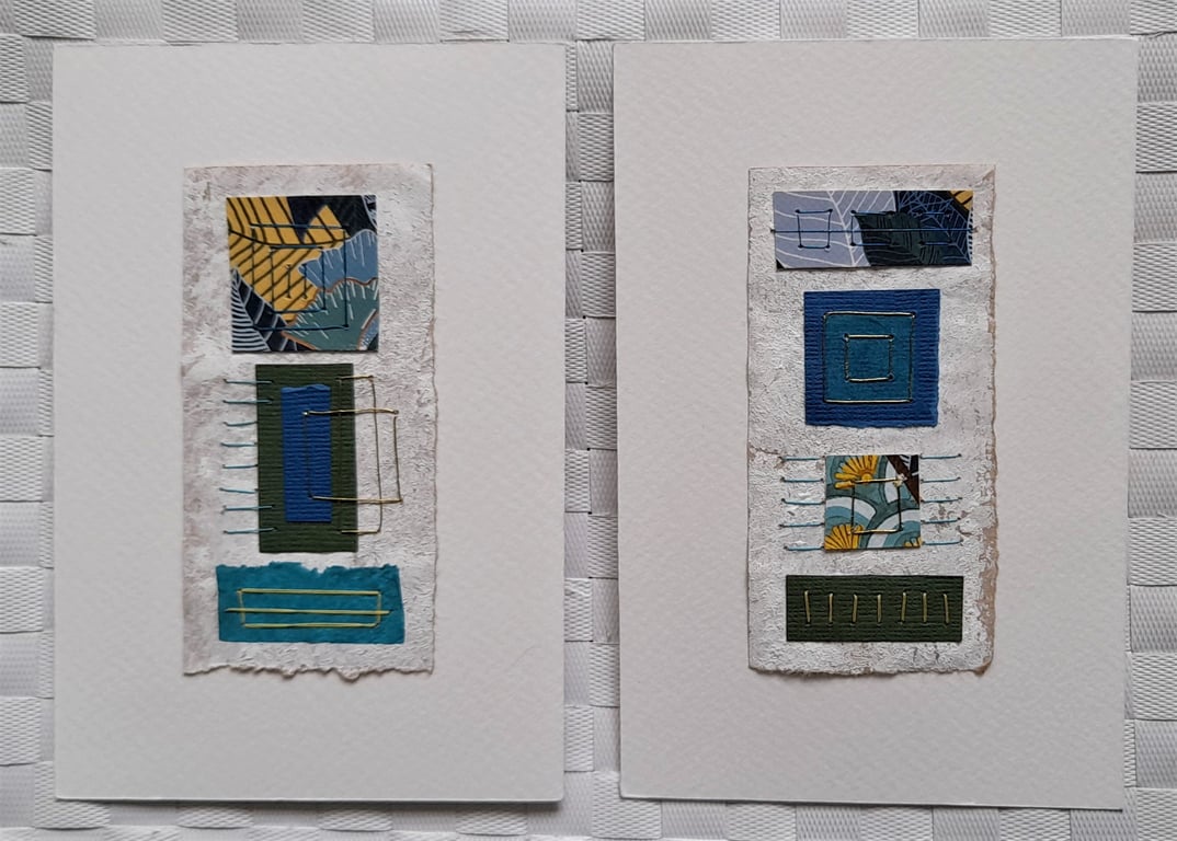 Pretty Patterned Blue Green Yellow Handstitched Geometric Small Art Pictures